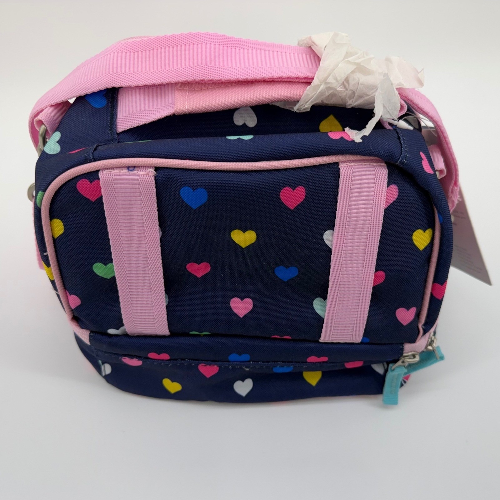 Nwt Pottery Barn Kids Mackenzie Dual Compartment Lunch Bag Navy Pink Multi Heart — image 3 of 6